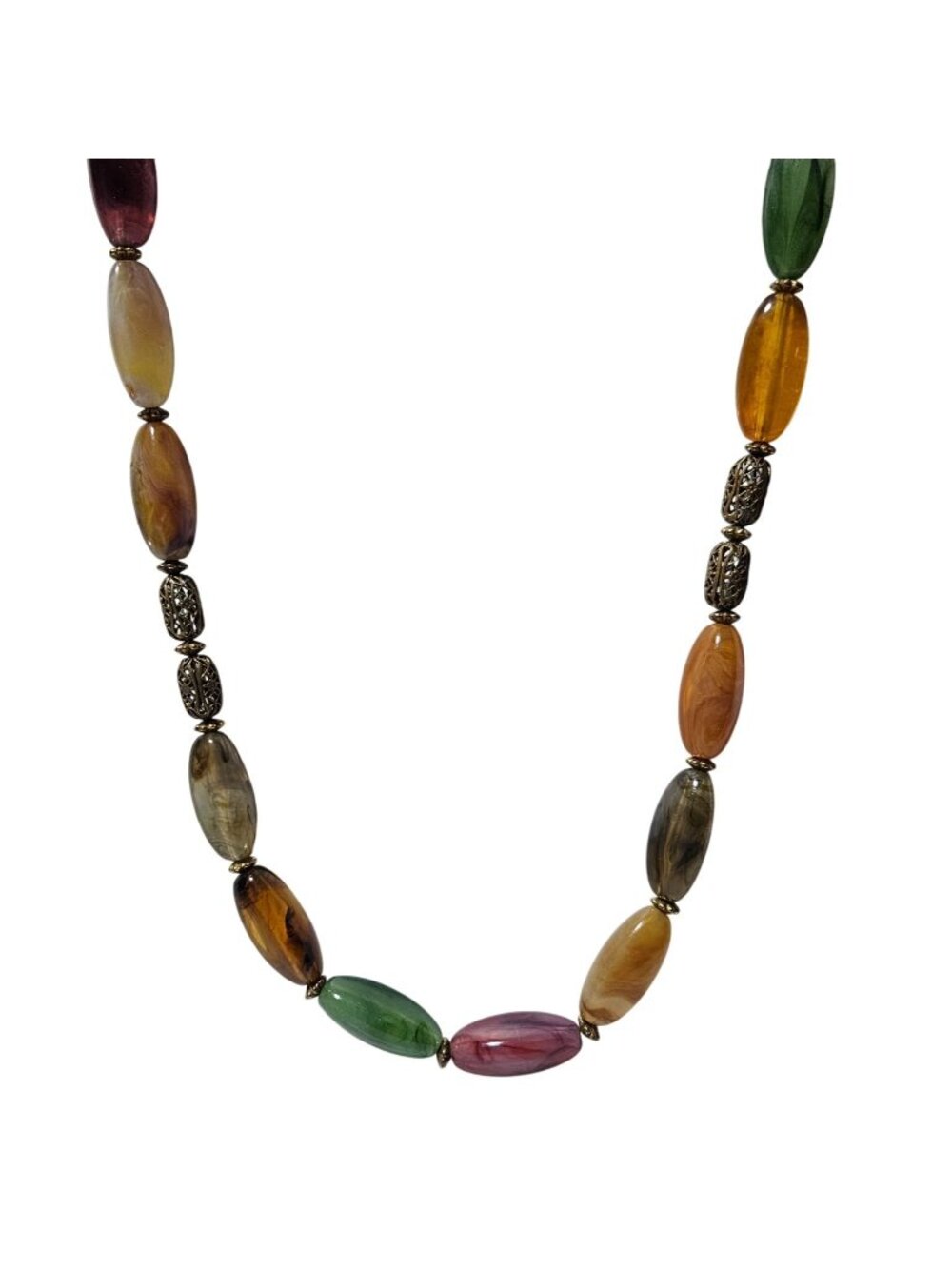 Vintage Chunky Beaded Necklace Intricate Metal Accents Orange Green Retro